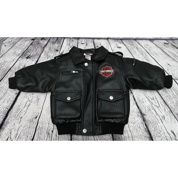 Harley Davidson Motorcycles Black Faux Leather Baby Toddler Bomber Jacket 18M - Picture 1 of 7